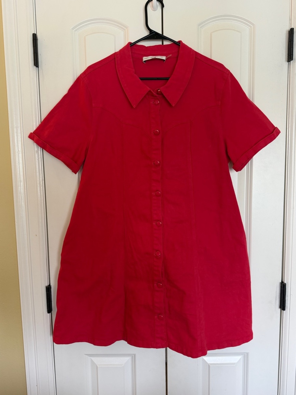 English Factory Red Denim Short-Sleeve Button-Front Dress